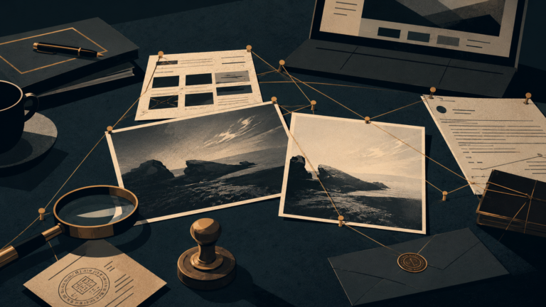 Mesa de investigação com documentos, prints, fotografias copiadas, lupa e conexões visuais representando provas em caso de violação de direito autoral.