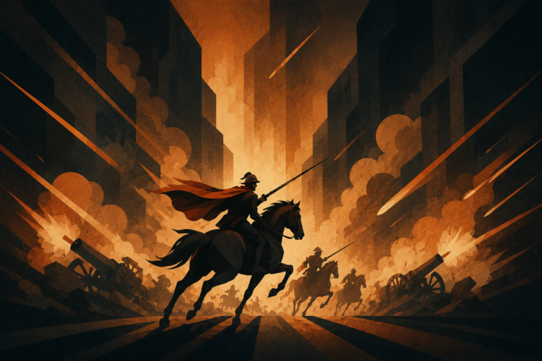 Ilustração editorial inspirada em A Carga da Brigada Ligeira, de Alfred Tennyson, mostrando cavaleiros avançando sob fogo de canhões em meio à fumaça e à batalha.