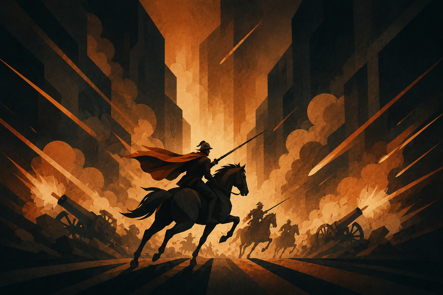 Ilustração editorial inspirada em A Carga da Brigada Ligeira, de Alfred Tennyson, mostrando cavaleiros avançando sob fogo de canhões em meio à fumaça e à batalha.