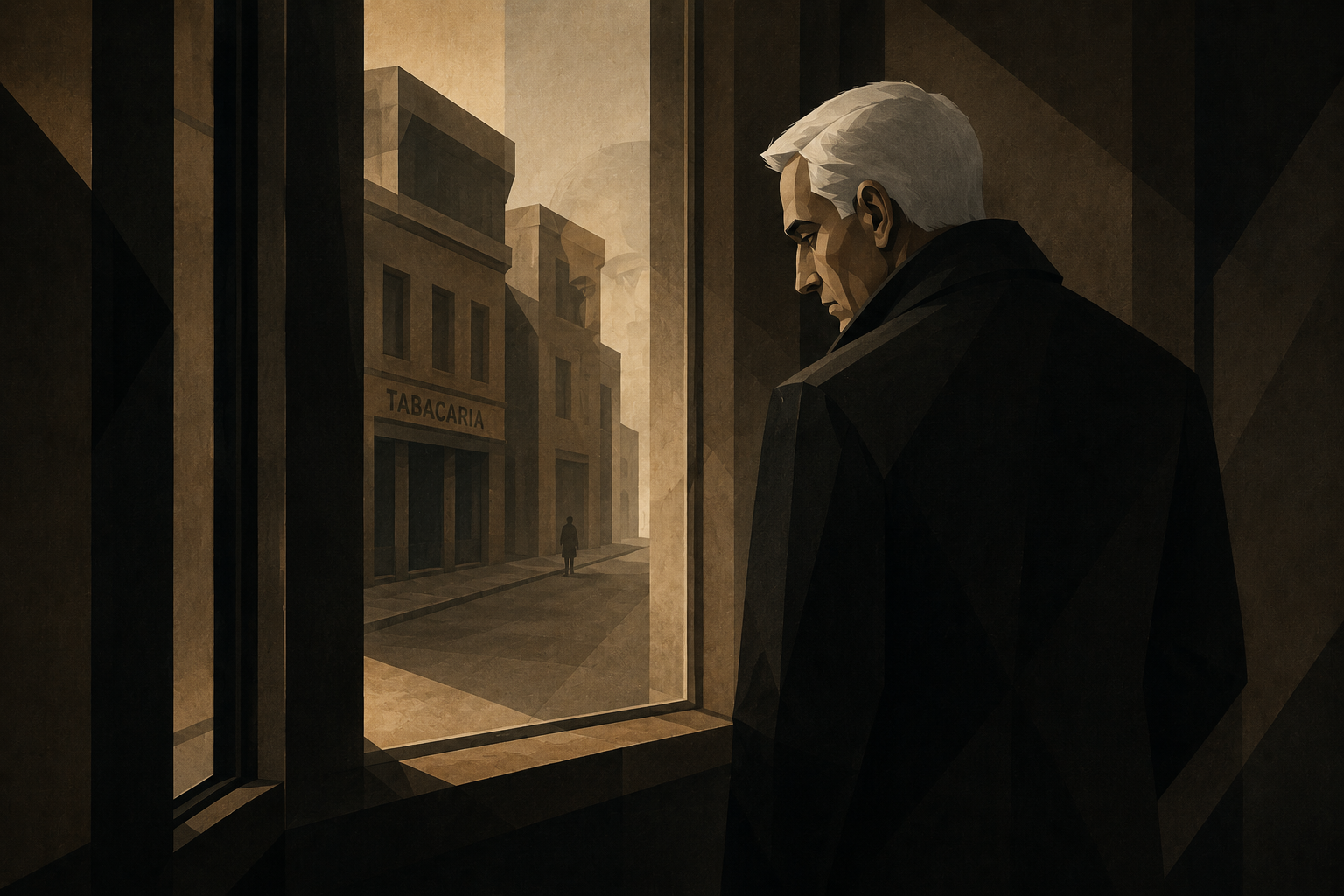 Ilustração editorial inspirada em A Tabacaria, de Álvaro de Campos, heterônimo de Fernando Pessoa, mostrando um homem melancólico diante da janela observando a rua e a tabacaria.