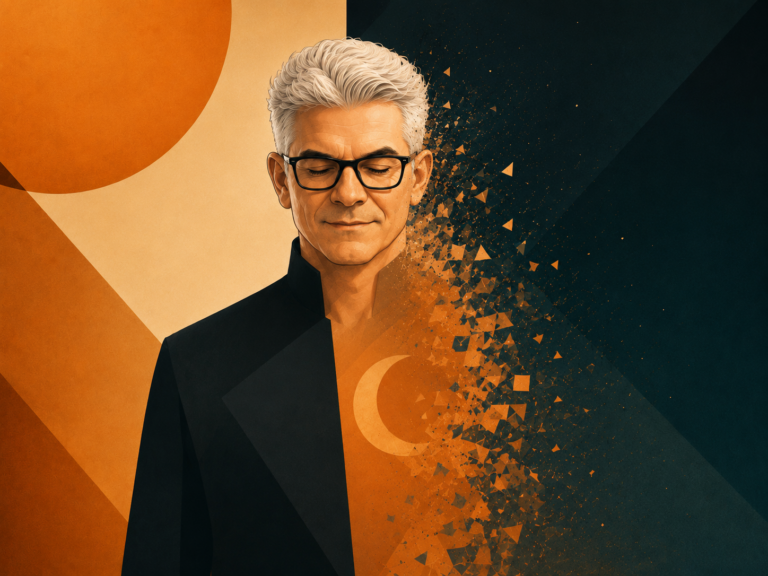 Ilustração editorial inspirada em Apago, mostrando um homem de cabelos brancos em composição geométrica, com parte do corpo se dissolvendo em fragmentos entre luz e sombra.