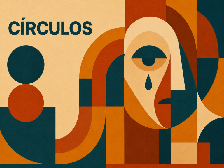 Ilustração editorial inspirada em Círculos, com composição geométrica abstrata em tons de azul, laranja e creme, formando um rosto melancólico e estruturas circulares repetidas.