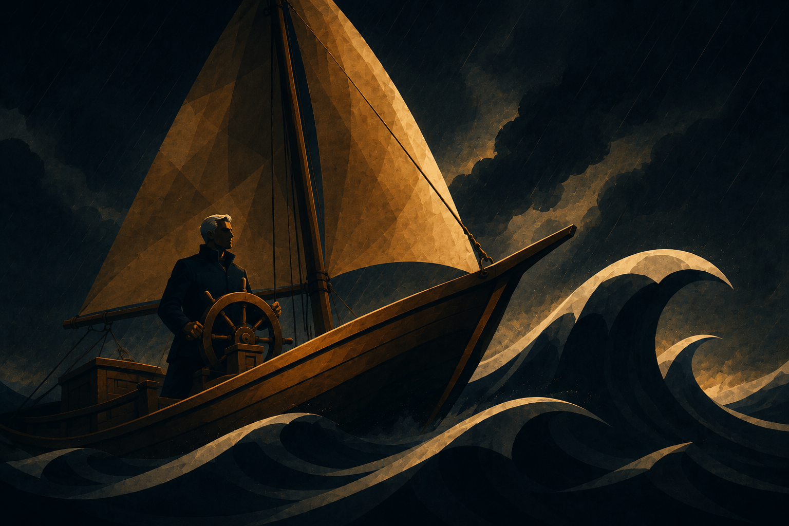 Ilustração editorial inspirada em Invictus, de William Ernest Henley, mostrando um homem de cabelos brancos no comando de um barco em meio à tempestade.