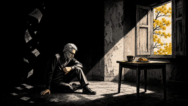 Homem sentado no chão de uma casa escura enquanto a luz de uma janela com ipê-amarelo alcança a mesa com café e pão.