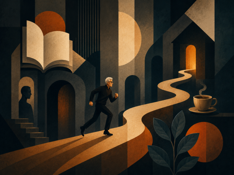 Ilustração editorial inspirada em Os que sentem demais, mostrando um homem correndo por um caminho luminoso em direção a uma casa acolhedora, cercado por livro, café e formas geométricas simbólicas.