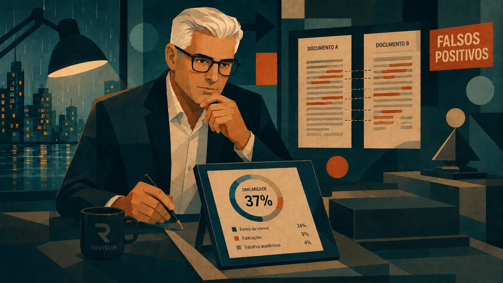 Ilustração editorial em estilo Revisum mostrando um homem analisando relatório de similaridade e documentos comparados, com destaque para falsos positivos e avaliação de originalidade.