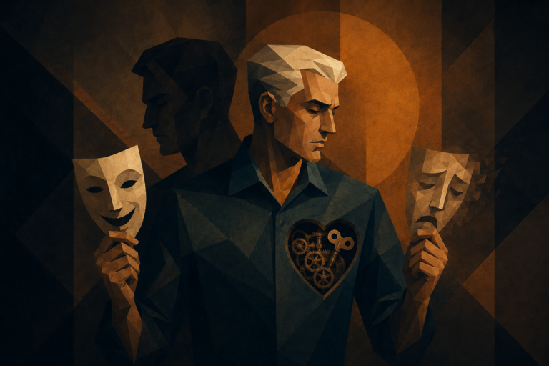 Ilustração editorial inspirada em Autopsicografia, de Fernando Pessoa, mostrando o poeta fingidor entre máscaras de alegria e tristeza, com um coração mecânico de corda.