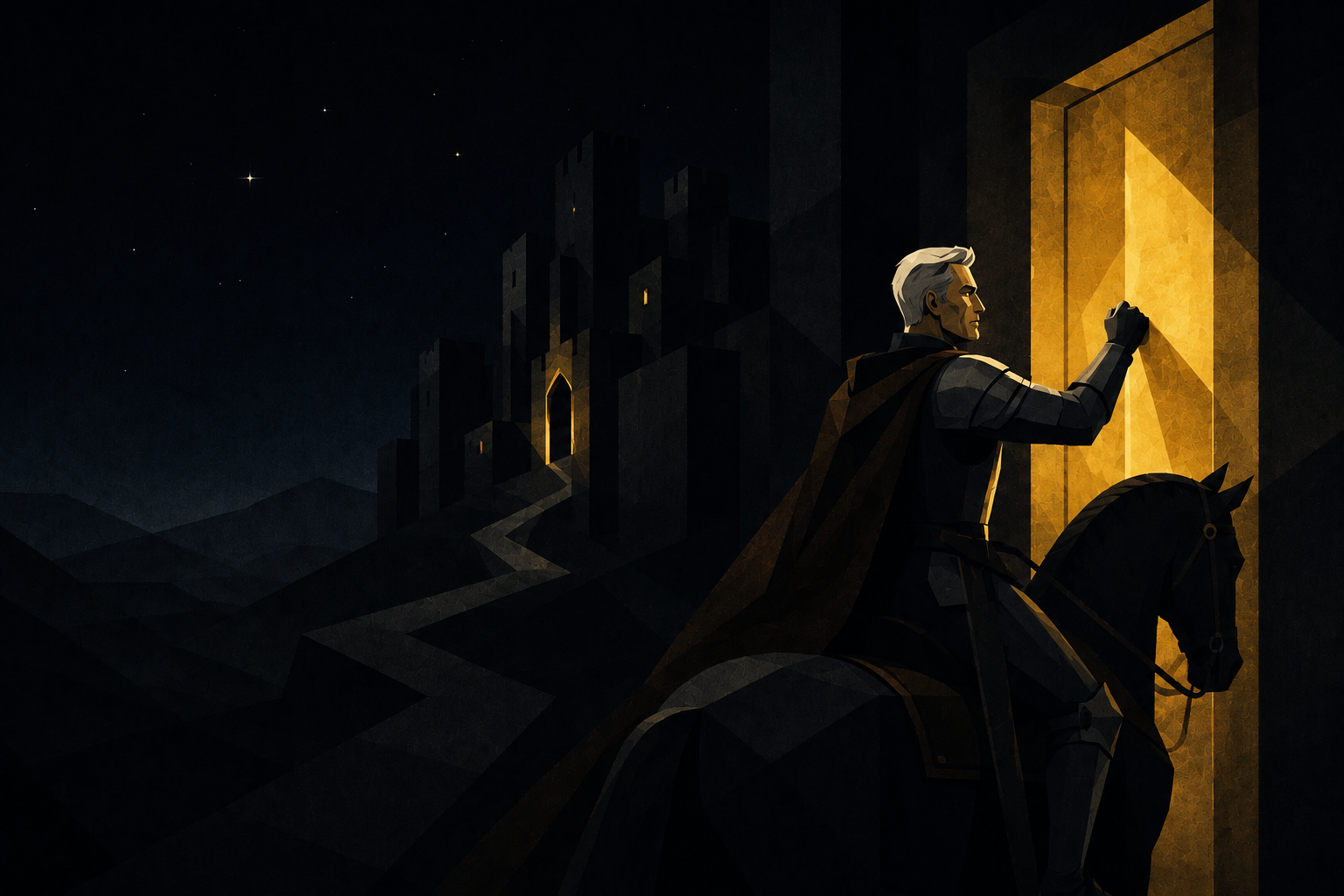 Ilustração editorial de um cavaleiro diante de uma porta dourada luminosa, à noite, inspirada no poema O Palácio da Ventura, de Antero de Quental.