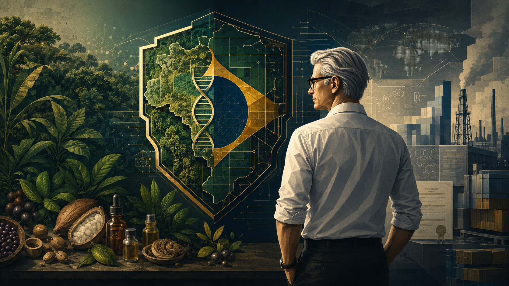 Ilustração editorial inspirada em Biopirataria e Propriedade Intelectual: o Escudo Brasil, mostrando um homem diante de um escudo tecnológico do Brasil com DNA, biodiversidade e estruturas industriais ao fundo.