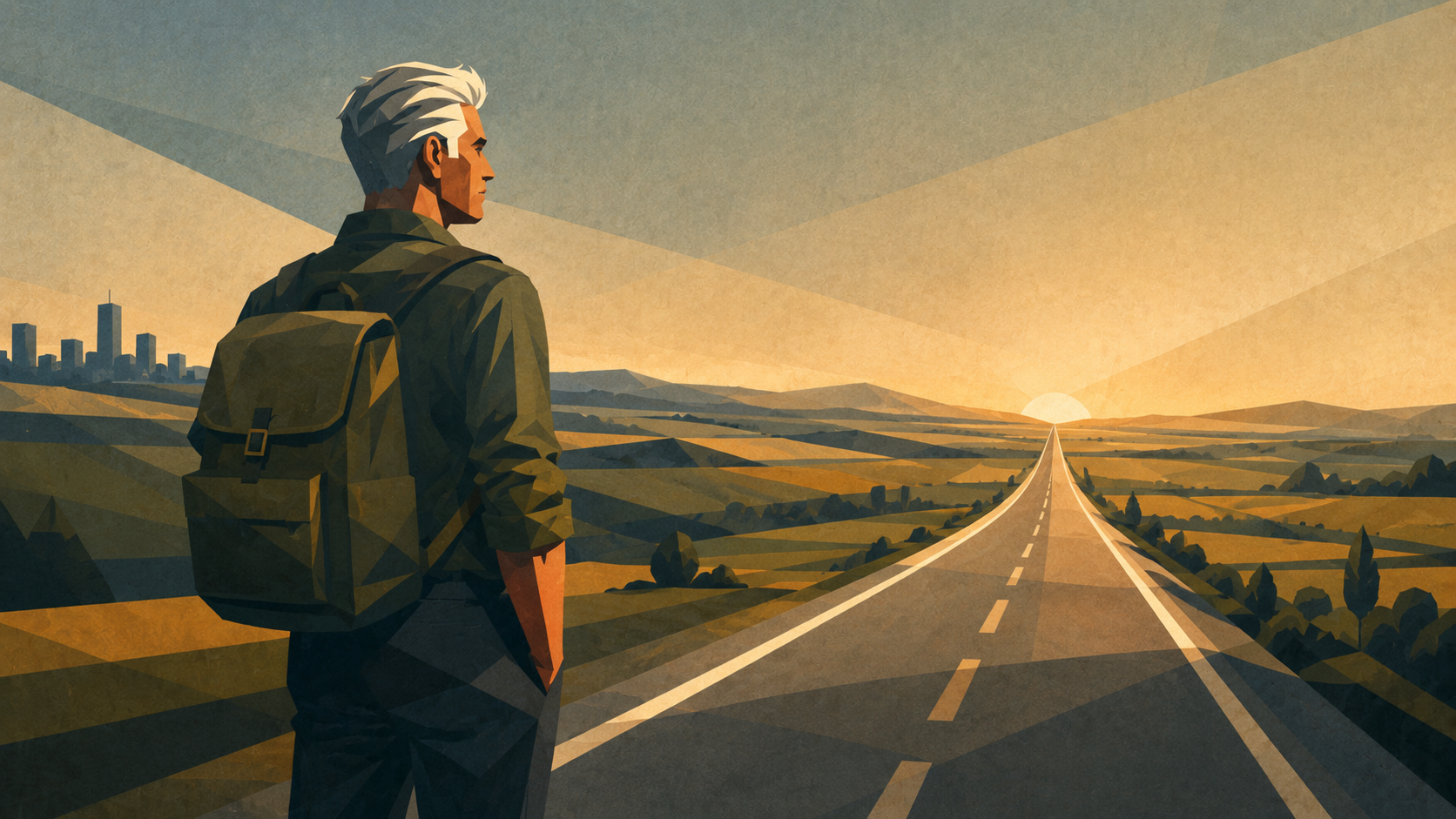Ilustração editorial inspirada em Canção da Estrada Aberta, de Walt Whitman, mostrando um viajante de cabelos brancos diante de uma longa estrada rumo ao horizonte.