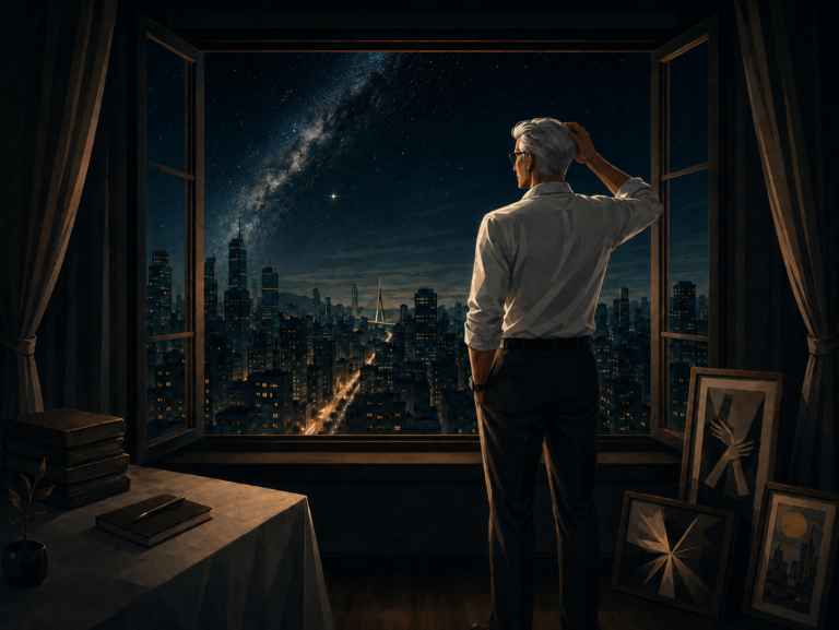 Ilustração editorial inspirada em Ímpetos de um Mal Gênio, mostrando um homem diante de uma janela aberta para a cidade noturna, com céu estrelado e quadros simbólicos no chão.