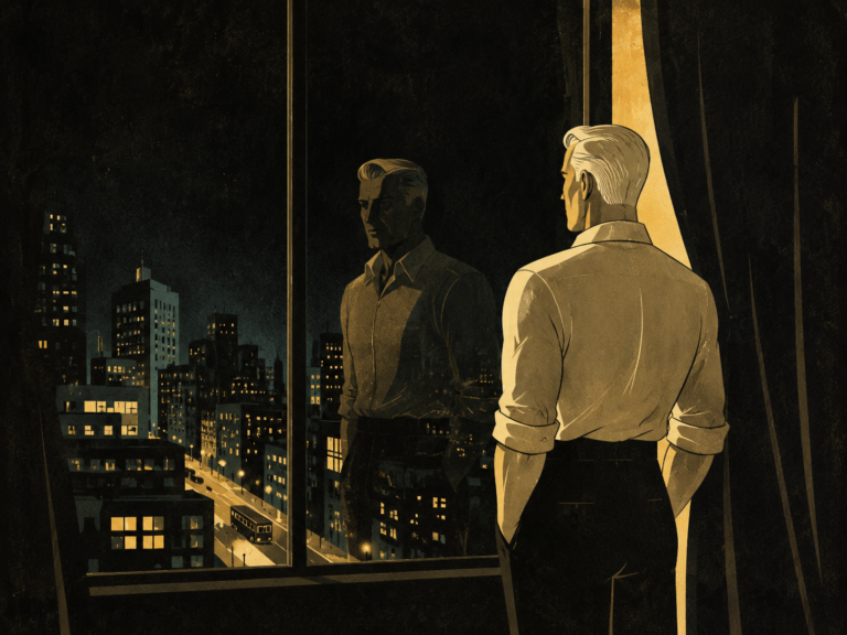 Homem de cabelos brancos diante de uma janela fechada, com seu reflexo sobreposto à cidade de São Paulo iluminada à noite, em ilustração art déco.