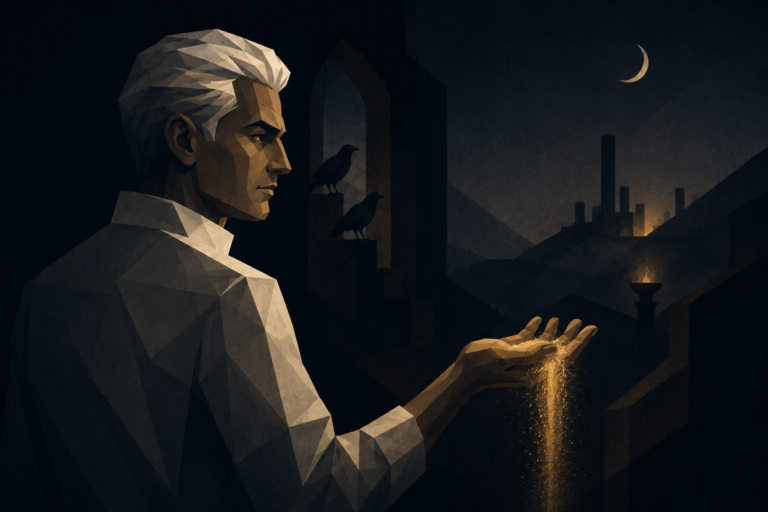 Ilustração editorial inspirada em A Dream Within a Dream, de Edgar Allan Poe, mostrando um homem segurando areia dourada que escorre pela mão diante de uma paisagem noturna em ruínas.