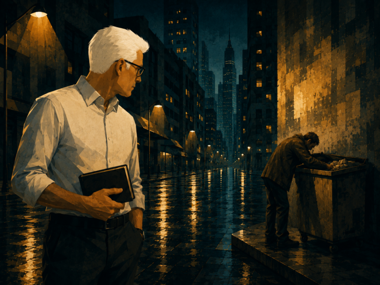 Homem de cabelos brancos observa, em uma rua urbana noturna e chuvosa, a cena silenciosa da miséria humana sob luzes douradas, em ilustração editorial no estilo Revisum.