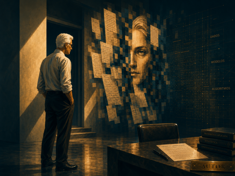 Homem de cabelos prateados observa uma obra fragmentada entre papéis, dados e algoritmos, em cena editorial sobre inteligência artificial, autoria e direito autoral.