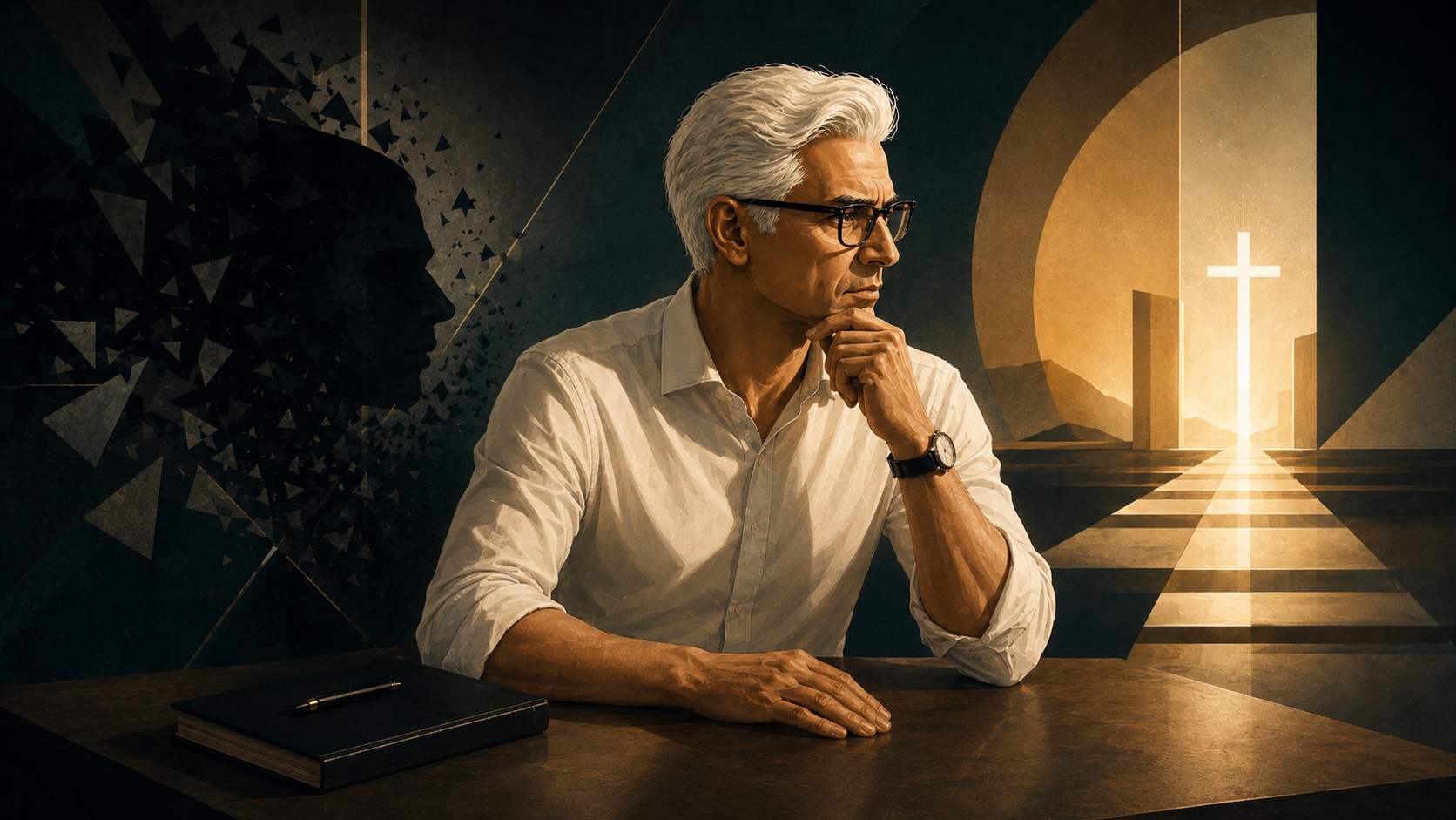 Ilustração editorial inspirada em Possessão Espiritual: Entre o Texto e o Excesso, mostrando um homem em reflexão diante de uma sombra fragmentada e da luz da cruz.