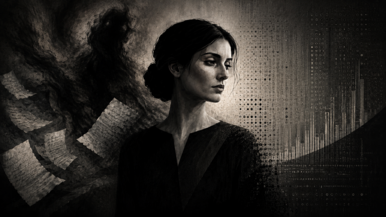 Ilustração editorial em preto e branco de mulher diante de manuscritos, dados estatísticos e uma sombra amorfa, simbolizando a violência contra a mulher na literatura e sua transformação de drama individual em estatística social.