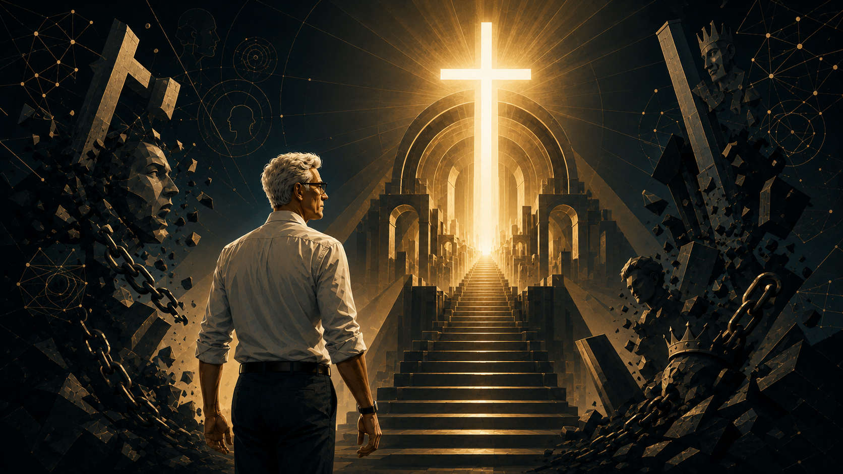 Ilustração editorial inspirada em A Supremacia Absoluta de Cristo, mostrando um homem diante da cruz luminosa, entre sombras, correntes quebradas e um caminho de luz.