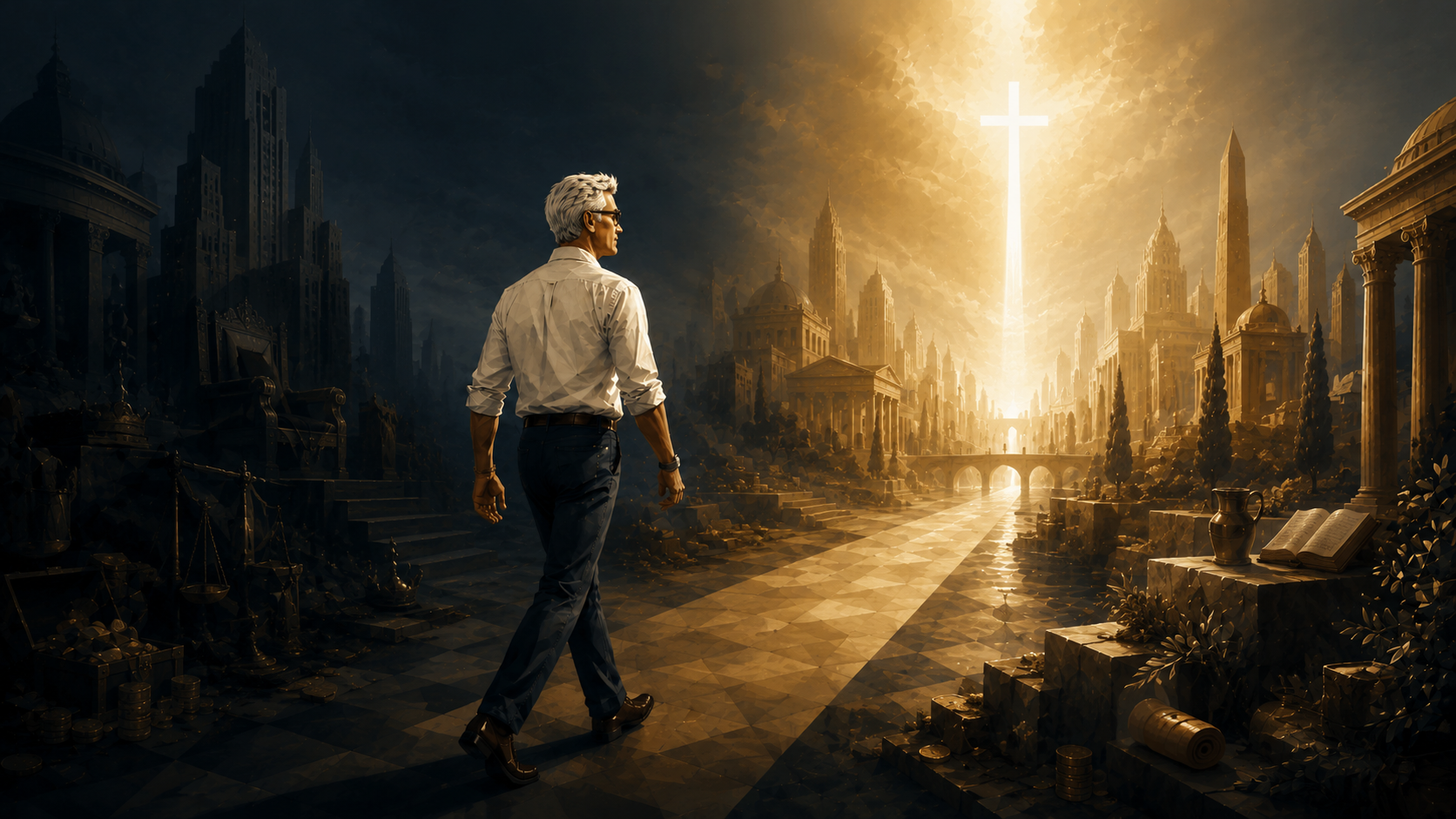 Ilustração editorial inspirada em O dinheiro, o poder e a fonte da prosperidade, mostrando um homem caminhando entre riqueza, poder e a luz da cruz como fonte verdadeira da prosperidade.