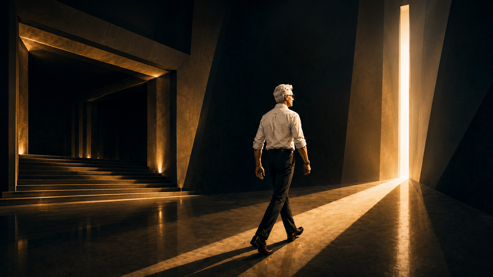 Ilustração editorial inspirada em Portais Espirituais: As Portas Largas, mostrando um homem caminhando entre uma porta escura e uma abertura luminosa em espaço monumental.