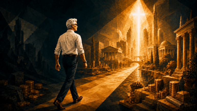 Homem caminhando da escuridão para a luz da cruz, simbolizando dinheiro, poder e prosperidade bíblica submetidos a Deus.