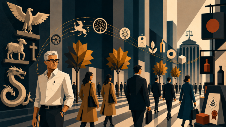Ilustração editorial em estilo Revisum mostrando a transformação de símbolos antigos em sinais modernos de marca, com referência à distintividade, semiótica e direito marcário.