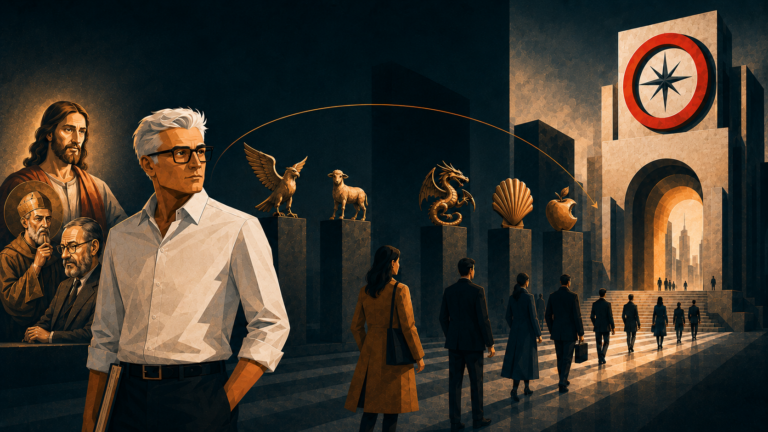 lustração editorial em estilo Revisum mostrando a transformação de símbolos antigos em sinais modernos de marca, com referência à distintividade, semiótica e direito marcário.