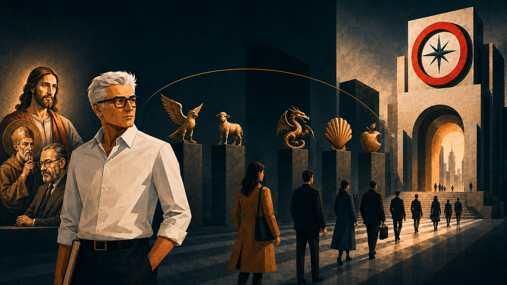 lustração editorial em estilo Revisum mostrando a transformação de símbolos antigos em sinais modernos de marca, com referência à distintividade, semiótica e direito marcário.