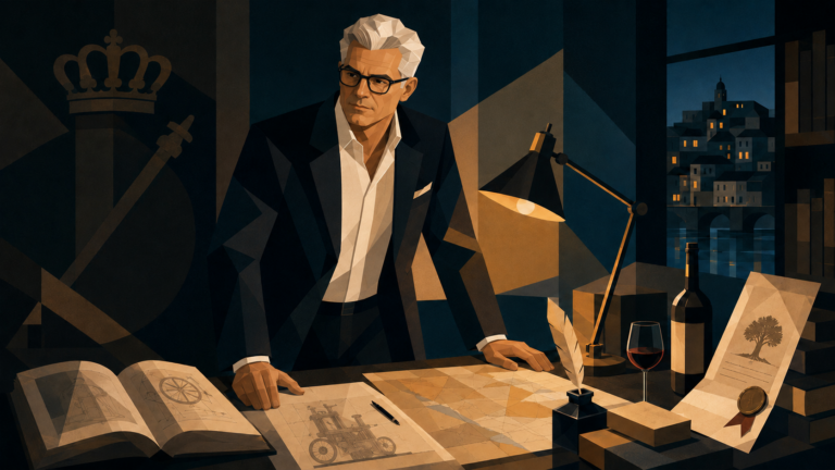 Ilustração editorial em estilo Revisum mostrando um personagem intelectual diante de documentos, livros, lâmpada, mapa e símbolos históricos ligados ao Iluminismo e à Propriedade Intelectual.
