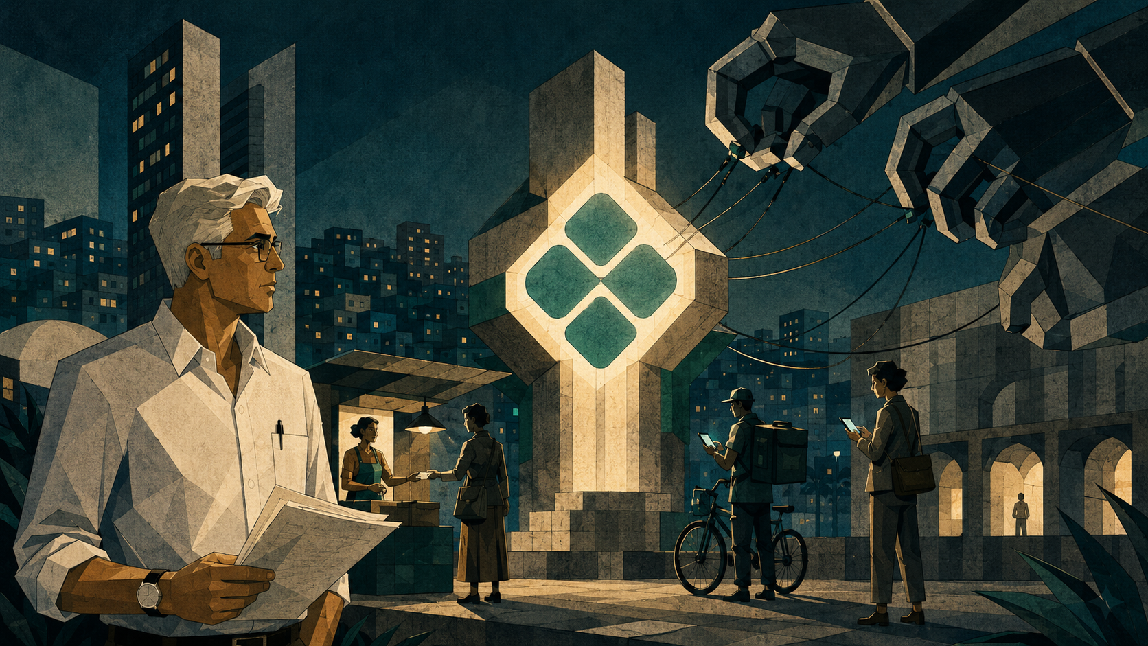 Ilustração editorial mostra um monumento luminoso inspirado no Pix em praça urbana brasileira, protegido como símbolo de soberania digital diante de mãos externas que tentam capturar sua rede.