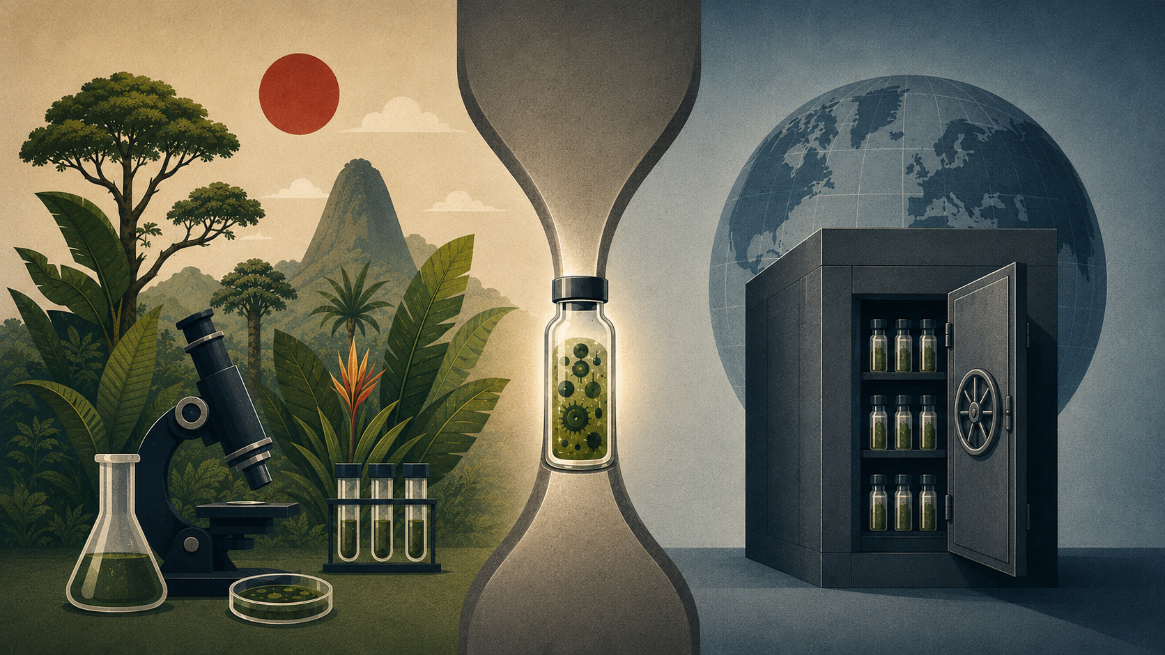 Ilustração editorial sobre o Tratado de Budapeste, com biodiversidade brasileira, material biológico em frasco, gargalo institucional e repositório internacional para fins de patente.