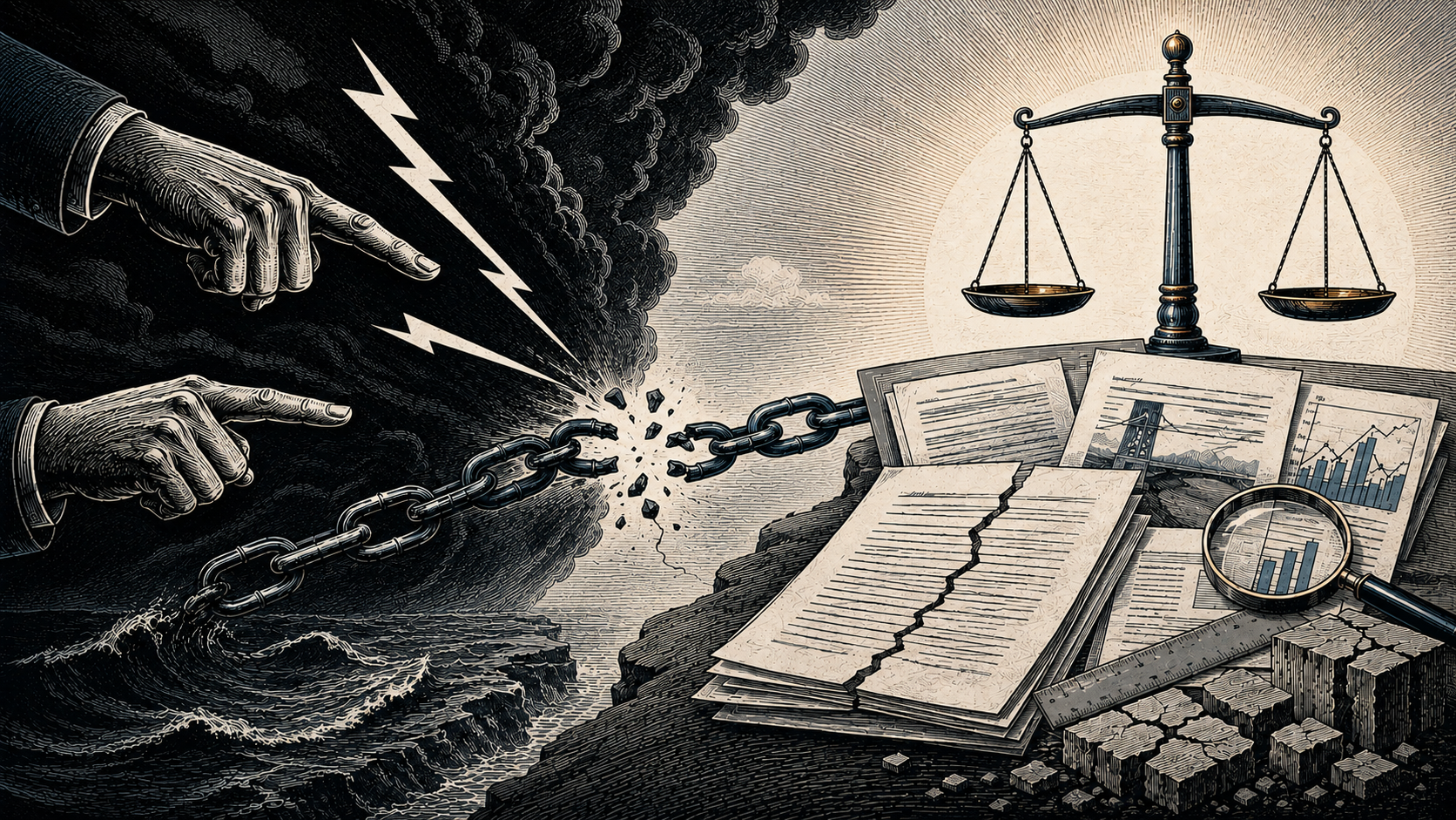 Ilustração editorial em estilo de gravura mostrando, de um lado, mãos apontando em meio a nuvens escuras e, de outro, balança da justiça, documentos, gráficos e lupa, simbolizando o contraste entre acusação moral e prova na responsabilidade civil.