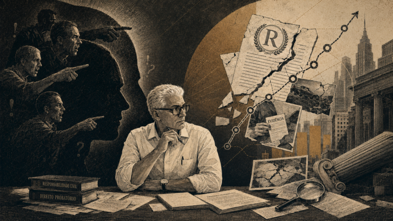 Ilustração editorial em estilo de gravura mostrando um jurista analítico entre acusações morais, provas documentais e elementos simbólicos da responsabilidade civil, representando o contraste entre dolo, culpa, nexo causal e dano.