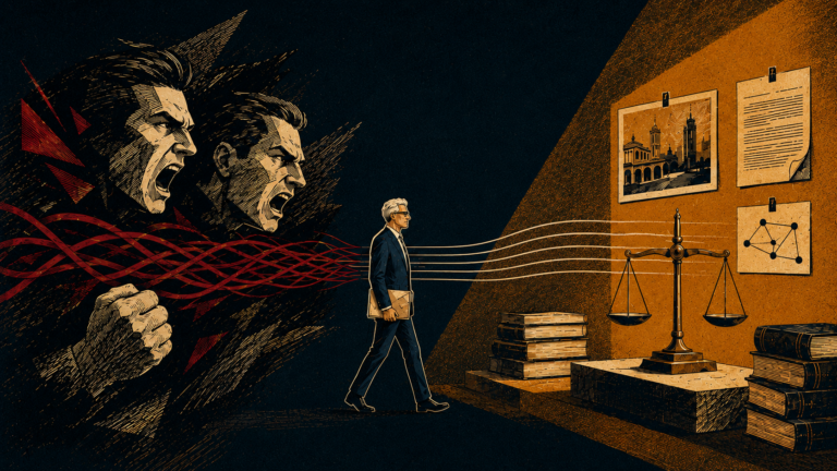 Ilustração editorial mostra o personagem do Revisum caminhando entre rostos tomados pela ira e uma balança da Justiça, enquanto linhas caóticas se tornam ordenadas.