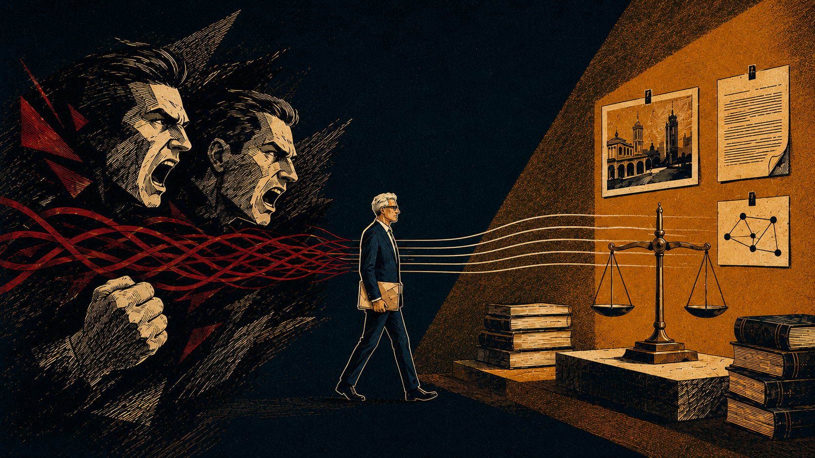 Ilustração editorial mostra o personagem do Revisum caminhando entre rostos tomados pela ira e uma balança da Justiça, enquanto linhas caóticas se tornam ordenadas.