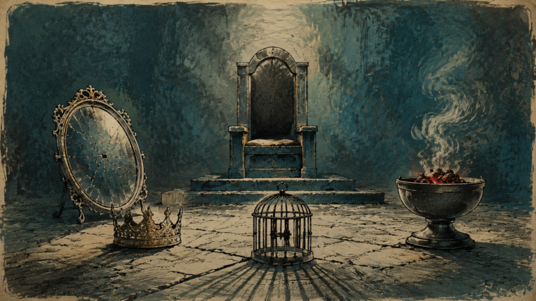 Ilustração de um trono vazio cercado por espelho rachado, coroa, gaiola e braseiro, símbolos do orgulho, da ira, do medo e da idolatria.