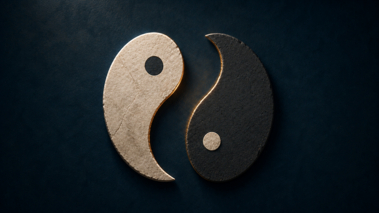 Duas metades de pedra inspiradas no yin-yang aproximam-se para formar um símbolo completo, representando significado, identidade e reconhecimento.